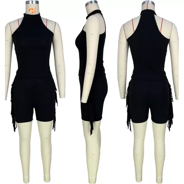 LYANER Women's Halter Fridge Tassel Sides Sleeveless Bodycon Club Short Jumpsuit Rompers