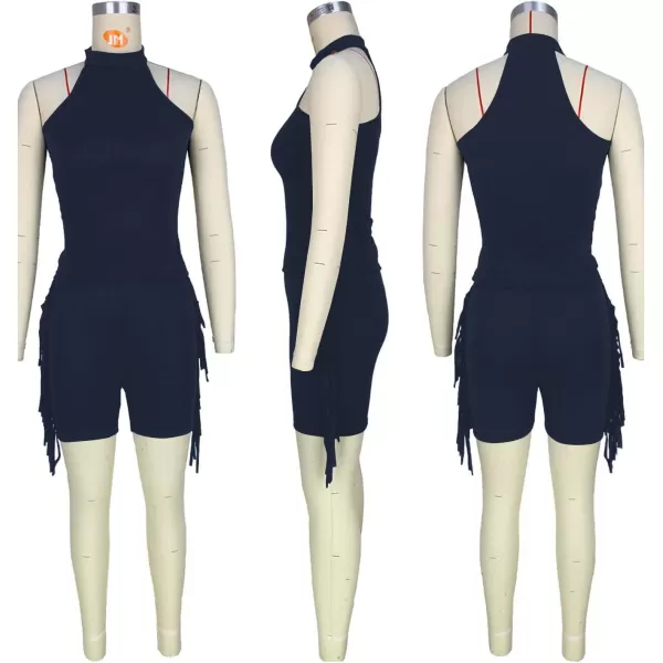 LYANER Women's Halter Fridge Tassel Sides Sleeveless Bodycon Club Short Jumpsuit Rompers