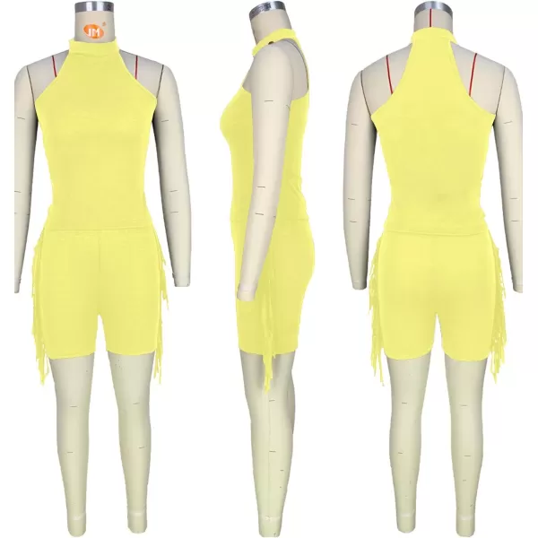LYANER Women's Halter Fridge Tassel Sides Sleeveless Bodycon Club Short Jumpsuit Rompers