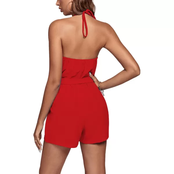 LYANER Women's Halter Neck Cutout Tie Waist Sleeveless Romper Jumpsuit Playsuits With Pockets