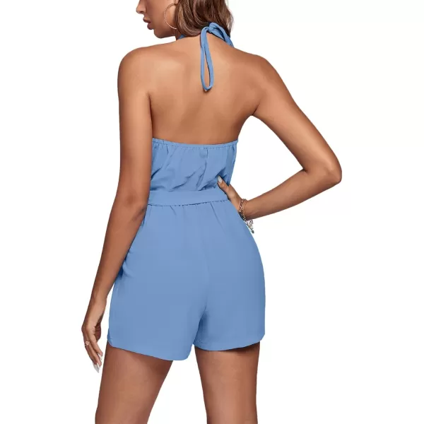 LYANER Women's Halter Neck Cutout Tie Waist Sleeveless Romper Jumpsuit Playsuits With Pockets