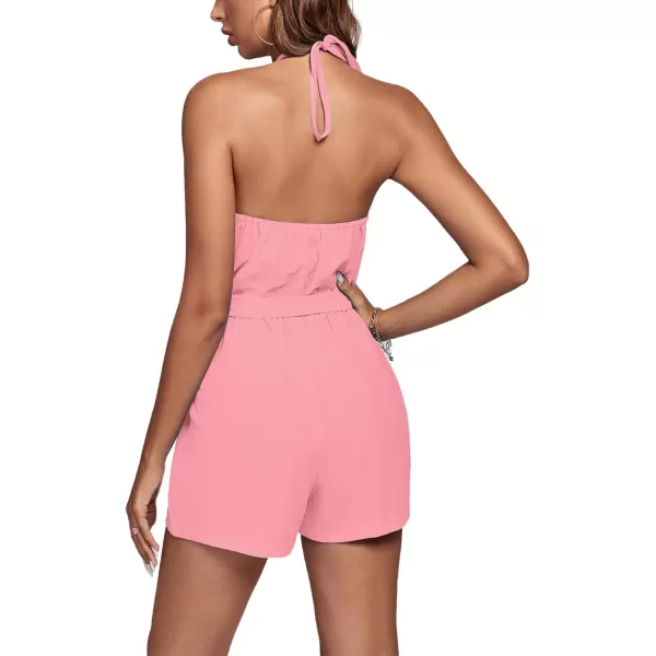 LYANER Women's Halter Neck Cutout Tie Waist Sleeveless Romper Jumpsuit Playsuits With Pockets