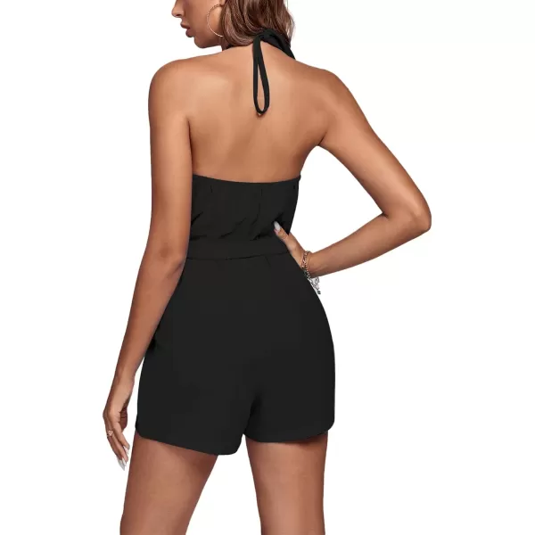 LYANER Women's Halter Neck Cutout Tie Waist Sleeveless Romper Jumpsuit Playsuits With Pockets