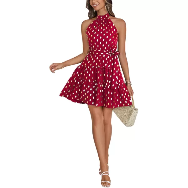 LYANER Women's Halter Neck Polka Dot Print Tie Waist Pleated Sleeveless A-Line Mini Dress