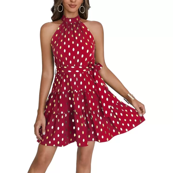LYANER Women's Halter Neck Polka Dot Print Tie Waist Pleated Sleeveless A-Line Mini Dress