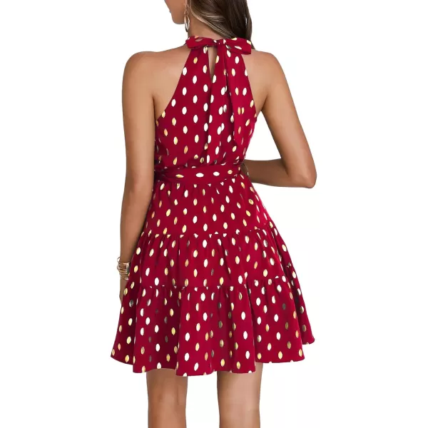 LYANER Women's Halter Neck Polka Dot Print Tie Waist Pleated Sleeveless A-Line Mini Dress