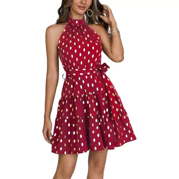 LYANER Women's Halter Neck Polka Dot Print Tie Waist Pleated Sleeveless A-Line Mini Dress