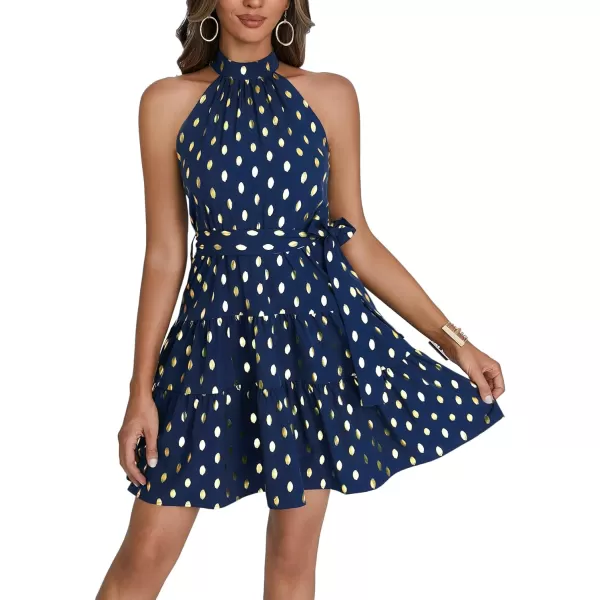 LYANER Women's Halter Neck Polka Dot Print Tie Waist Pleated Sleeveless A-Line Mini Dress