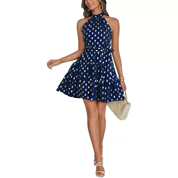 LYANER Women's Halter Neck Polka Dot Print Tie Waist Pleated Sleeveless A-Line Mini Dress