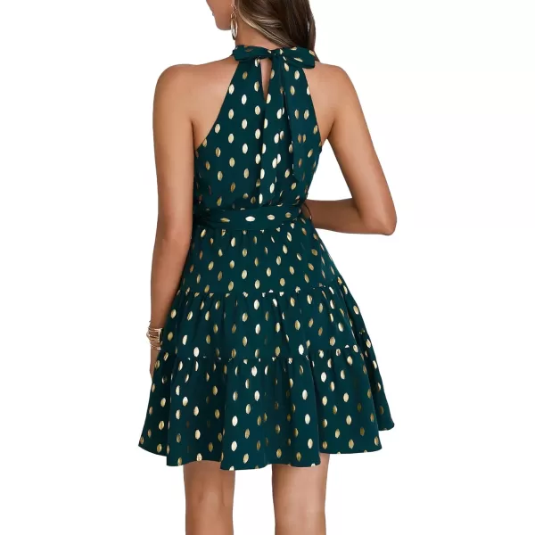 LYANER Women's Halter Neck Polka Dot Print Tie Waist Pleated Sleeveless A-Line Mini Dress