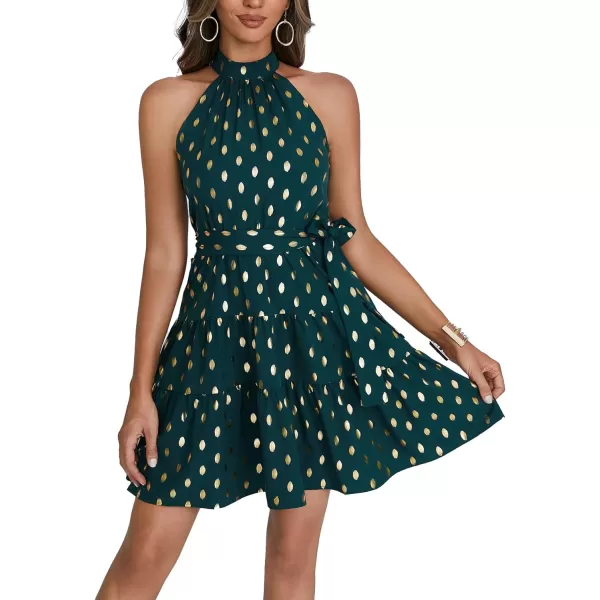 LYANER Women's Halter Neck Polka Dot Print Tie Waist Pleated Sleeveless A-Line Mini Dress