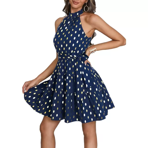 LYANER Women's Halter Neck Polka Dot Print Tie Waist Pleated Sleeveless A-Line Mini Dress