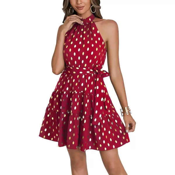 LYANER Women's Halter Neck Polka Dot Print Tie Waist Pleated Sleeveless A-Line Mini Dress