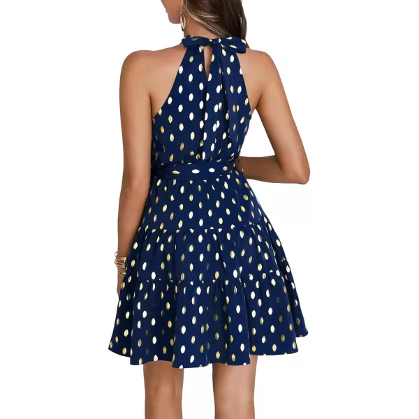 LYANER Women's Halter Neck Polka Dot Print Tie Waist Pleated Sleeveless A-Line Mini Dress