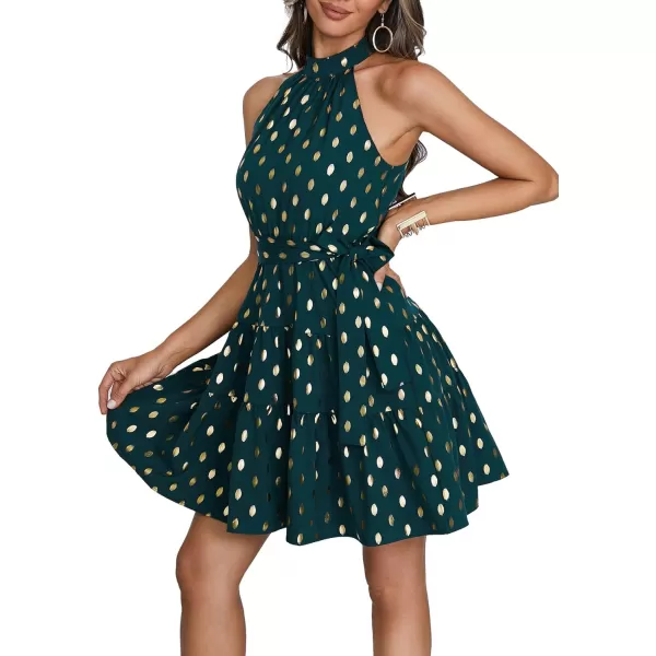 LYANER Women's Halter Neck Polka Dot Print Tie Waist Pleated Sleeveless A-Line Mini Dress