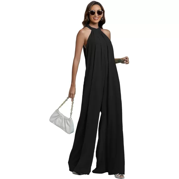 LYANER Women's Halter Neck Sleeveless Chiffon Wide Leg Long Pants Jumpsuit Romper