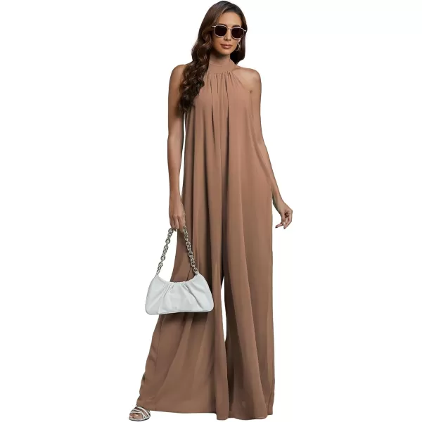 LYANER Women's Halter Neck Sleeveless Chiffon Wide Leg Long Pants Jumpsuit Romper