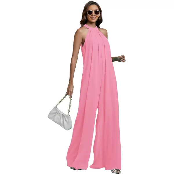 LYANER Women's Halter Neck Sleeveless Chiffon Wide Leg Long Pants Jumpsuit Romper
