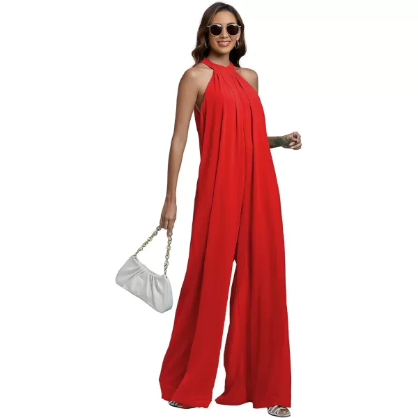 LYANER Women's Halter Neck Sleeveless Chiffon Wide Leg Long Pants Jumpsuit Romper