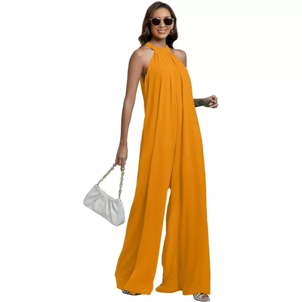 LYANER Women's Halter Neck Sleeveless Chiffon Wide Leg Long Pants Jumpsuit Romper