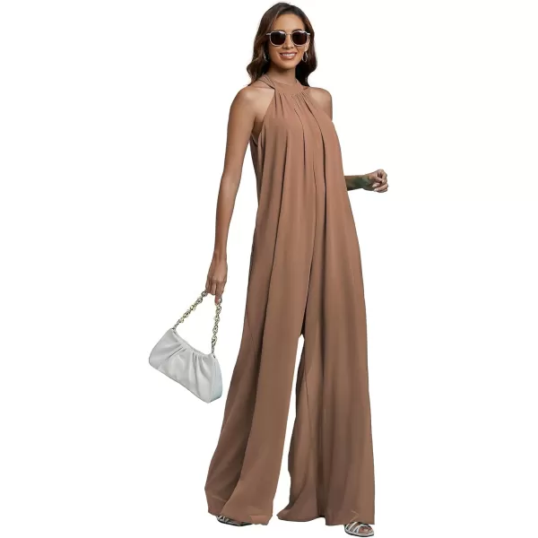 LYANER Women's Halter Neck Sleeveless Chiffon Wide Leg Long Pants Jumpsuit Romper