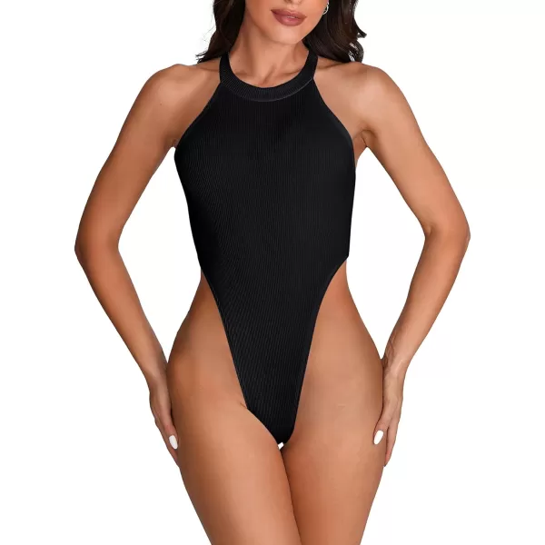 LYANER Women's Halter Neck Sleeveless Racer Back Ribbed Knit Bodysuit Leotard Tank Top