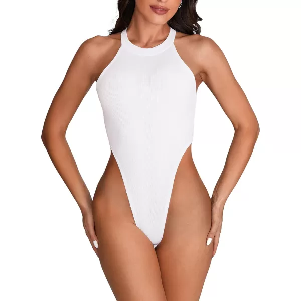 LYANER Women's Halter Neck Sleeveless Racer Back Ribbed Knit Bodysuit Leotard Tank Top