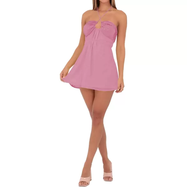 LYANER Women's Halter Sequin Sleeveless Cut Out Front A-Line Cocktail Mini Dress