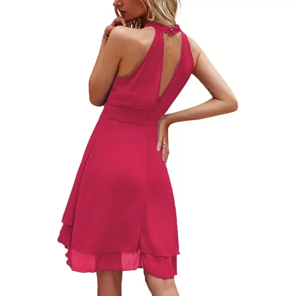 LYANER Women's Halter Sleeveless Pleated Layer Ruffle Hem Elegant Workwear Mini Dress