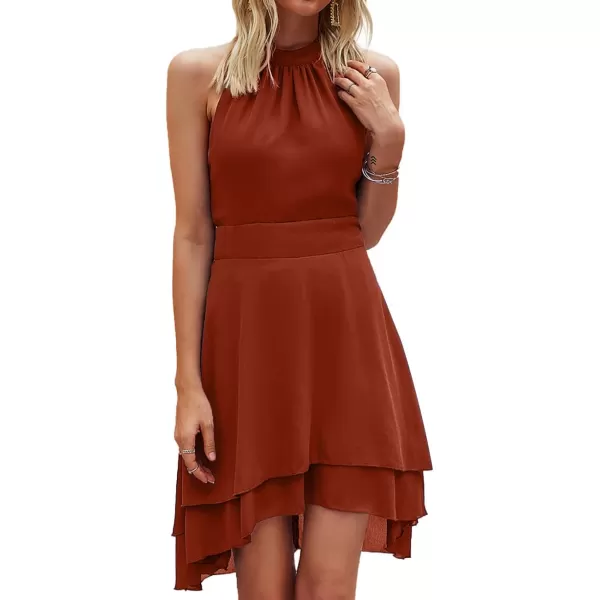 LYANER Women's Halter Sleeveless Pleated Layer Ruffle Hem Elegant Workwear Mini Dress