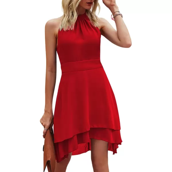 LYANER Women's Halter Sleeveless Pleated Layer Ruffle Hem Elegant Workwear Mini Dress