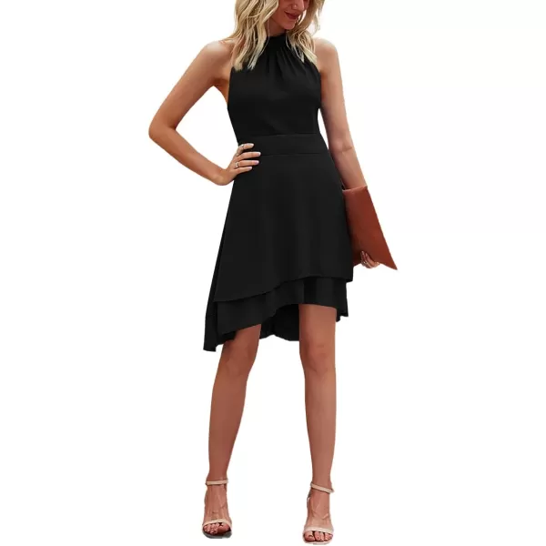 LYANER Women's Halter Sleeveless Pleated Layer Ruffle Hem Elegant Workwear Mini Dress