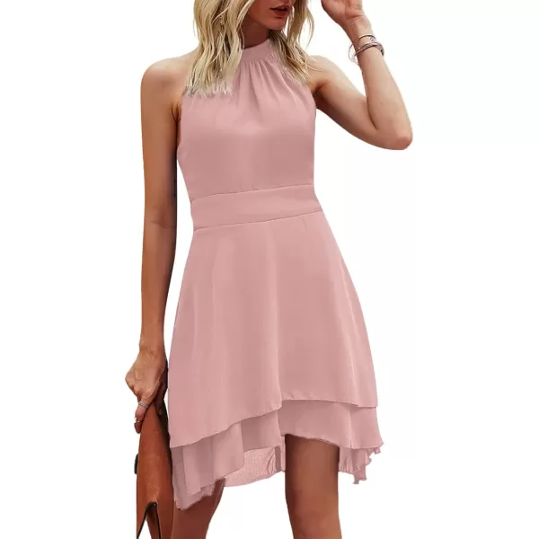 LYANER Women's Halter Sleeveless Pleated Layer Ruffle Hem Elegant Workwear Mini Dress
