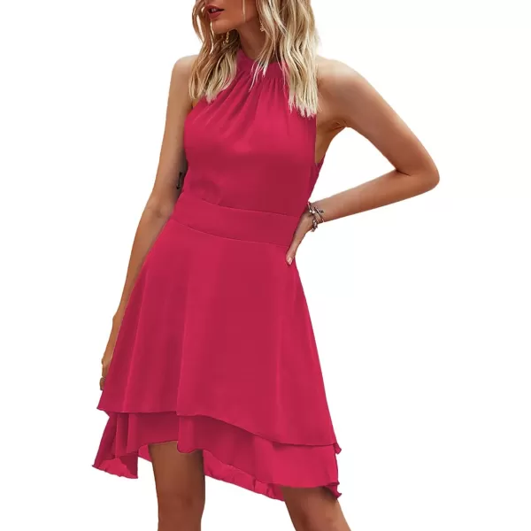 LYANER Women's Halter Sleeveless Pleated Layer Ruffle Hem Elegant Workwear Mini Dress
