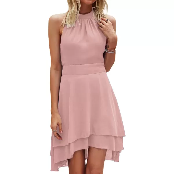 LYANER Women's Halter Sleeveless Pleated Layer Ruffle Hem Elegant Workwear Mini Dress