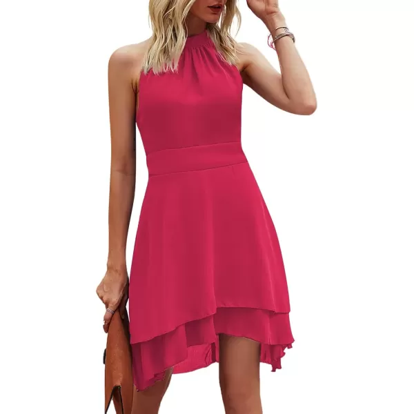 LYANER Women's Halter Sleeveless Pleated Layer Ruffle Hem Elegant Workwear Mini Dress