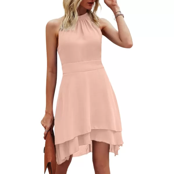 LYANER Women's Halter Sleeveless Pleated Layer Ruffle Hem Elegant Workwear Mini Dress