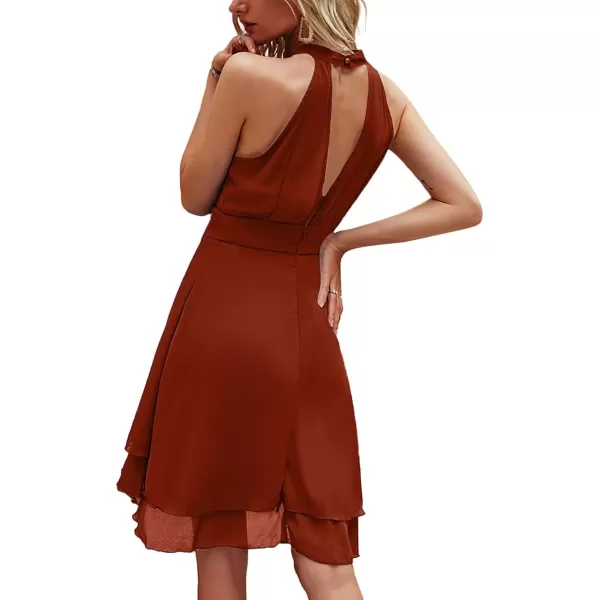 LYANER Women's Halter Sleeveless Pleated Layer Ruffle Hem Elegant Workwear Mini Dress