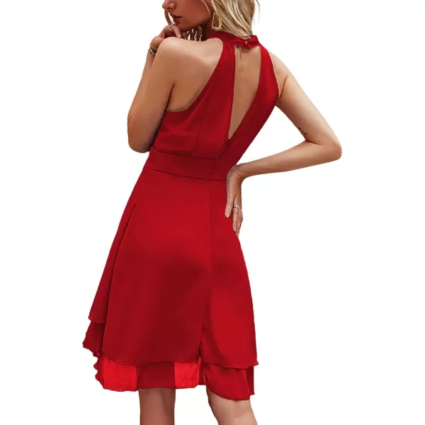 LYANER Women's Halter Sleeveless Pleated Layer Ruffle Hem Elegant Workwear Mini Dress