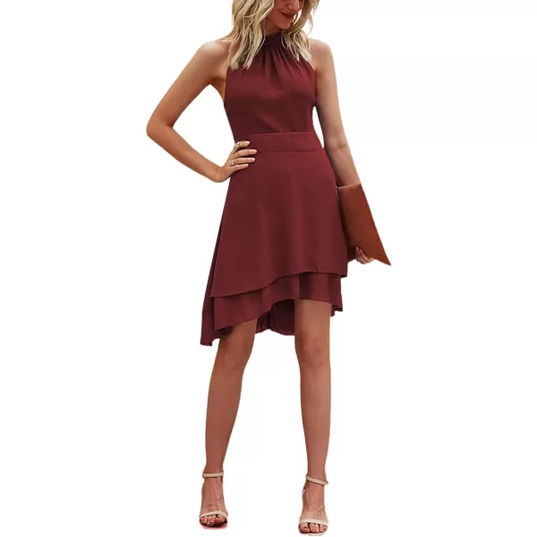 LYANER Women's Halter Sleeveless Pleated Layer Ruffle Hem Elegant Workwear Mini Dress