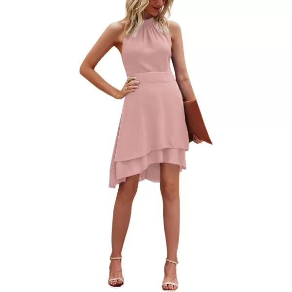 LYANER Women's Halter Sleeveless Pleated Layer Ruffle Hem Elegant Workwear Mini Dress