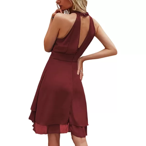 LYANER Women's Halter Sleeveless Pleated Layer Ruffle Hem Elegant Workwear Mini Dress