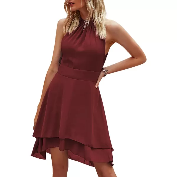 LYANER Women's Halter Sleeveless Pleated Layer Ruffle Hem Elegant Workwear Mini Dress
