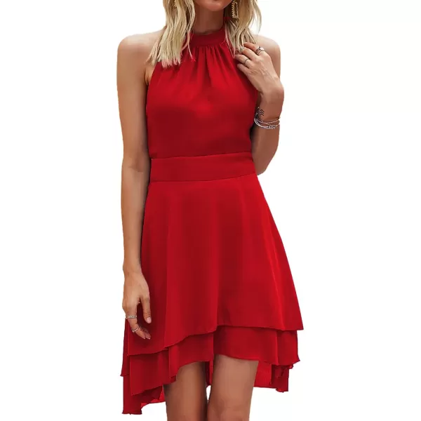 LYANER Women's Halter Sleeveless Pleated Layer Ruffle Hem Elegant Workwear Mini Dress