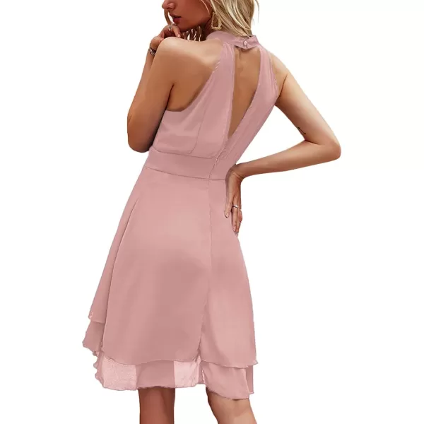 LYANER Women's Halter Sleeveless Pleated Layer Ruffle Hem Elegant Workwear Mini Dress
