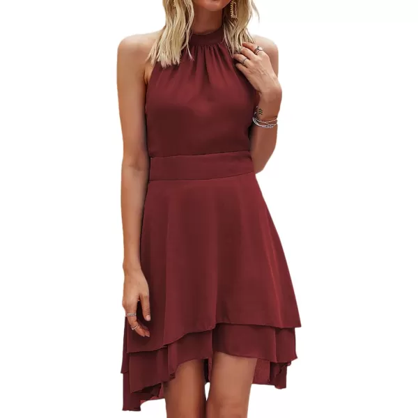 LYANER Women's Halter Sleeveless Pleated Layer Ruffle Hem Elegant Workwear Mini Dress