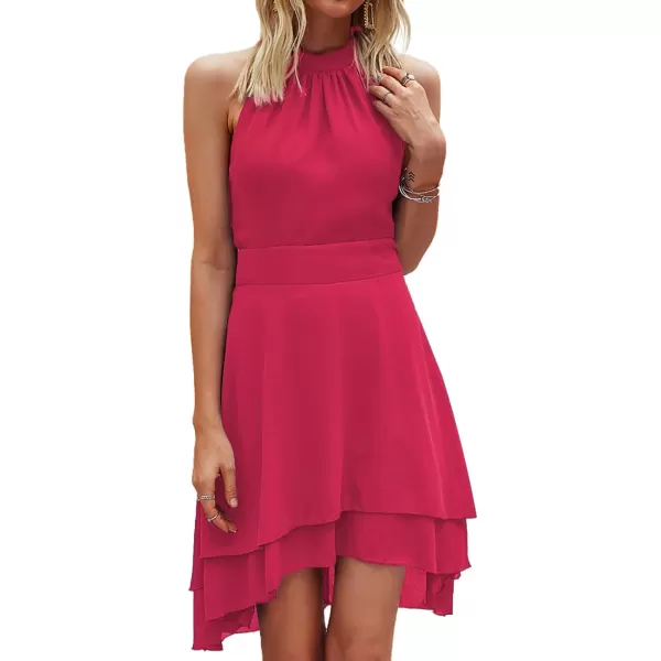LYANER Women's Halter Sleeveless Pleated Layer Ruffle Hem Elegant Workwear Mini Dress