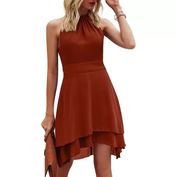 LYANER Women's Halter Sleeveless Pleated Layer Ruffle Hem Elegant Workwear Mini Dress
