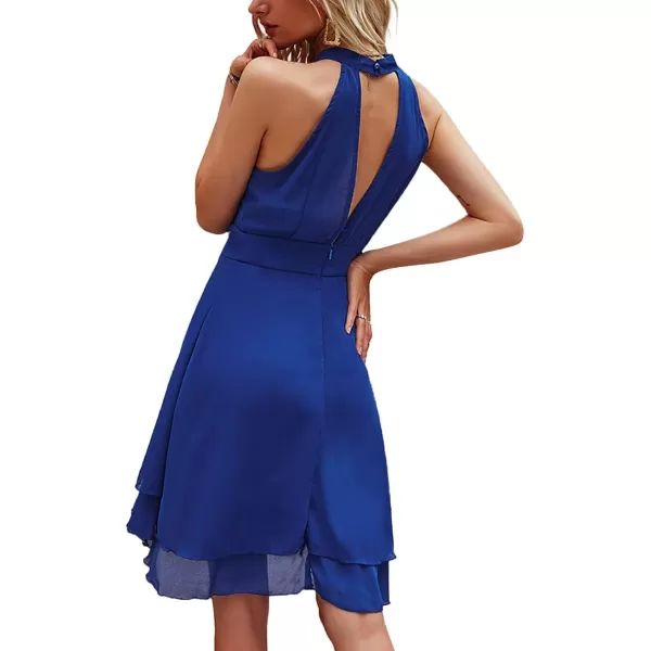 LYANER Women's Halter Sleeveless Pleated Layer Ruffle Hem Elegant Workwear Mini Dress