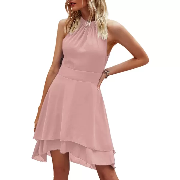 LYANER Women's Halter Sleeveless Pleated Layer Ruffle Hem Elegant Workwear Mini Dress